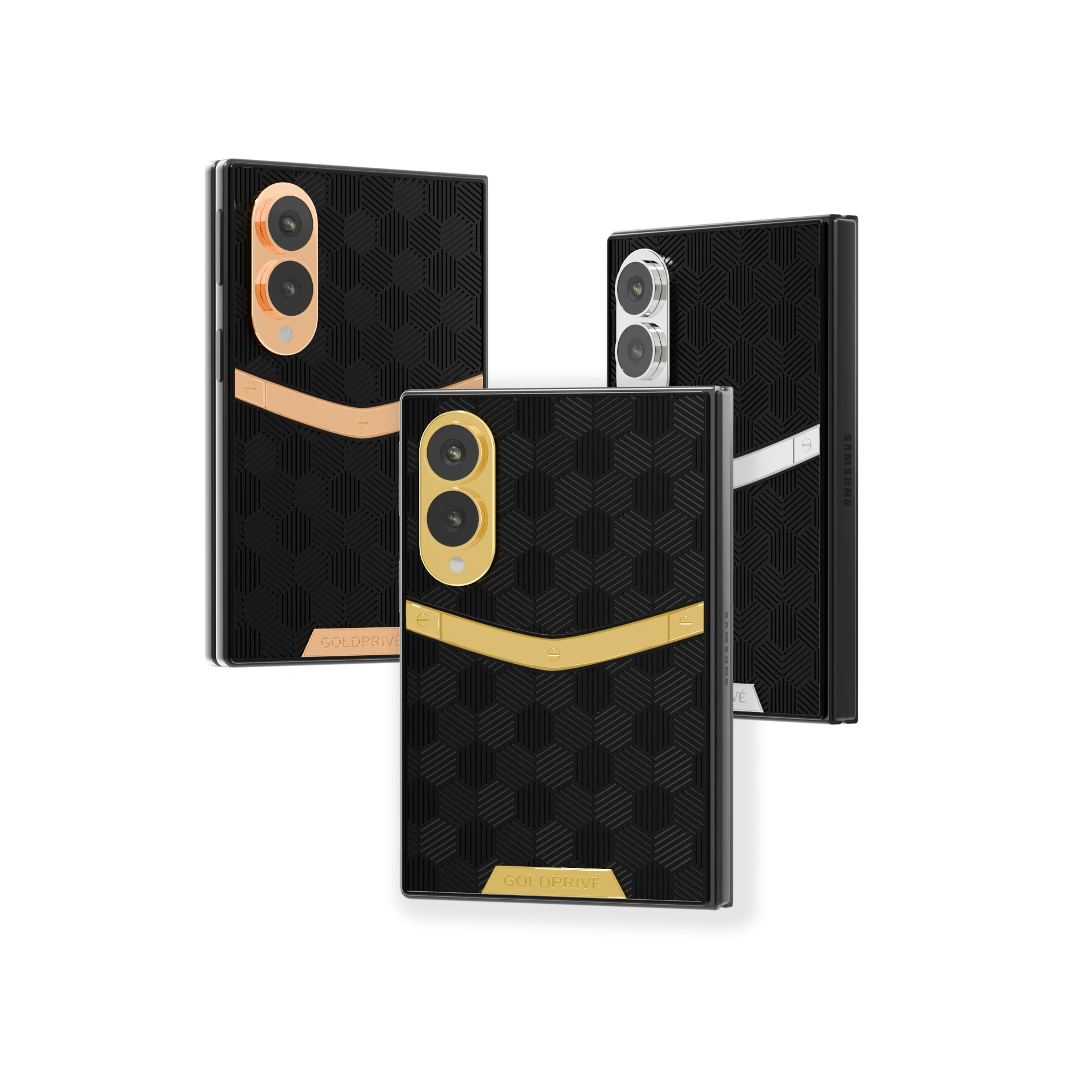 Nucleus 1.0 Gold Galaxy Z Fold8 with one curved chevron in 24K Gold, Rose Gold and Platinum on black hexagon backs