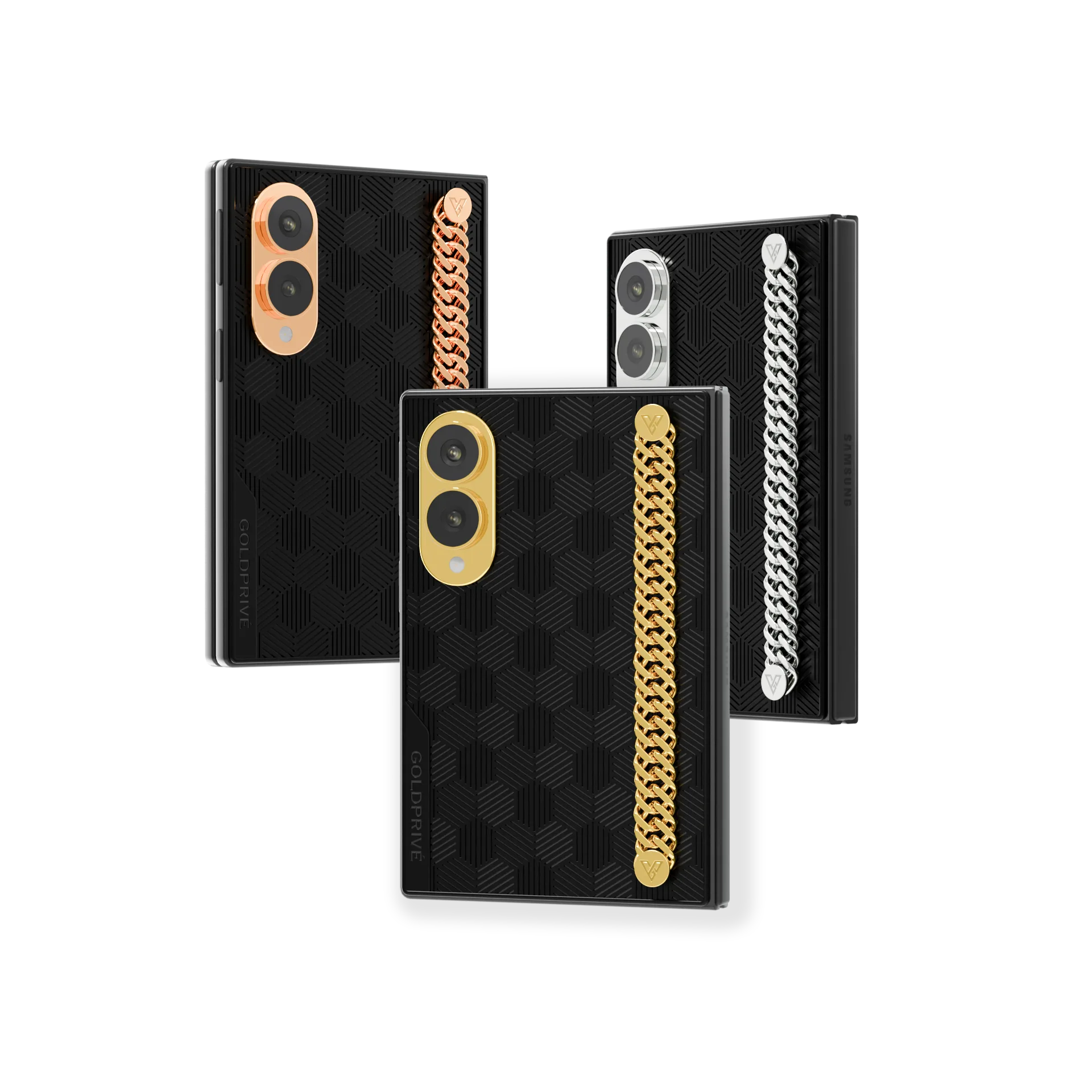 Nexus Link Gold Galaxy Z Fold8 in Rose Gold, 24K Gold and Platinum with a vertical curb chain on black hexagon backs