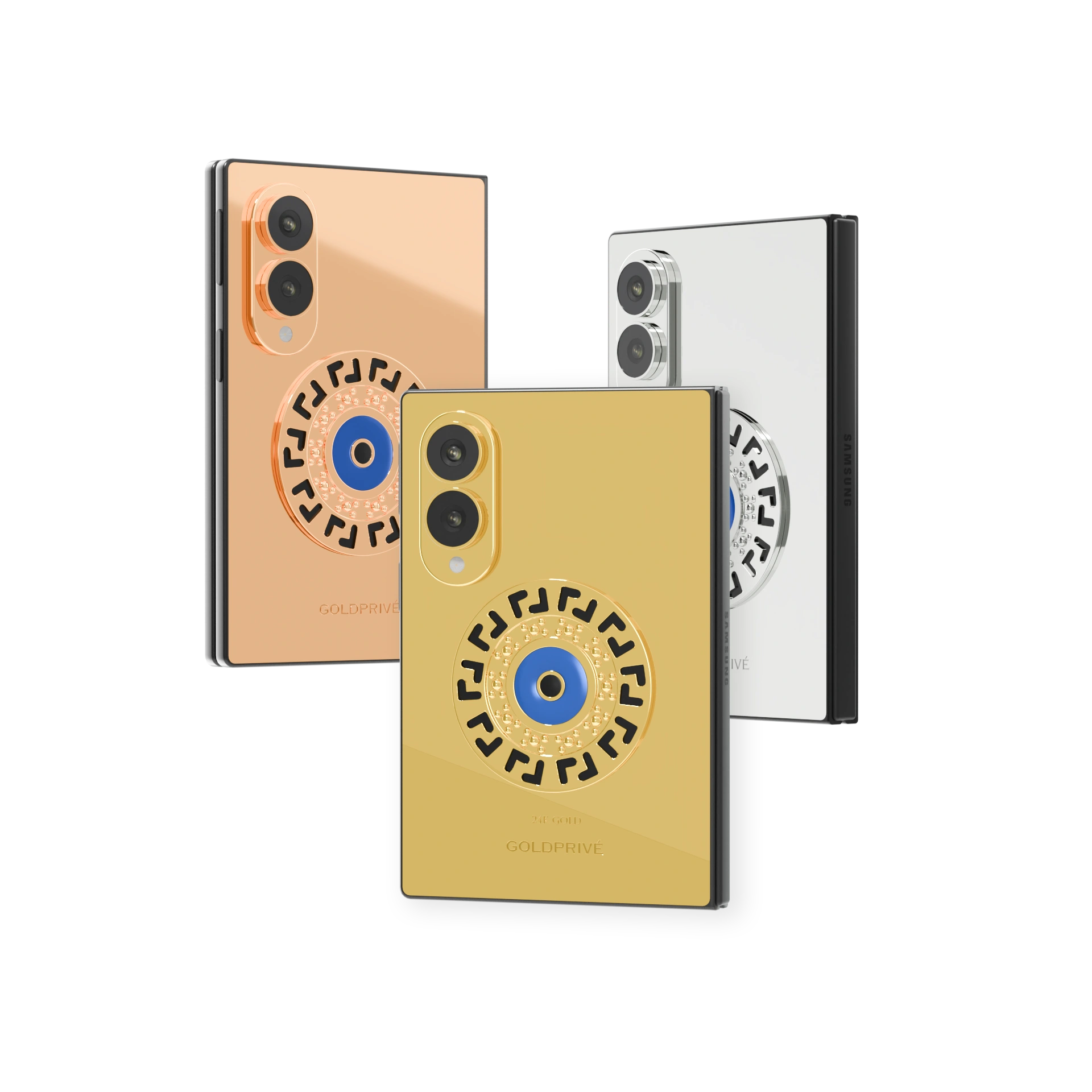 Meandros Blessing Eye Galaxy Z Fold8 in Rose Gold, 24K Gold and Platinum, each with a round Greek key medallion around a blue eye