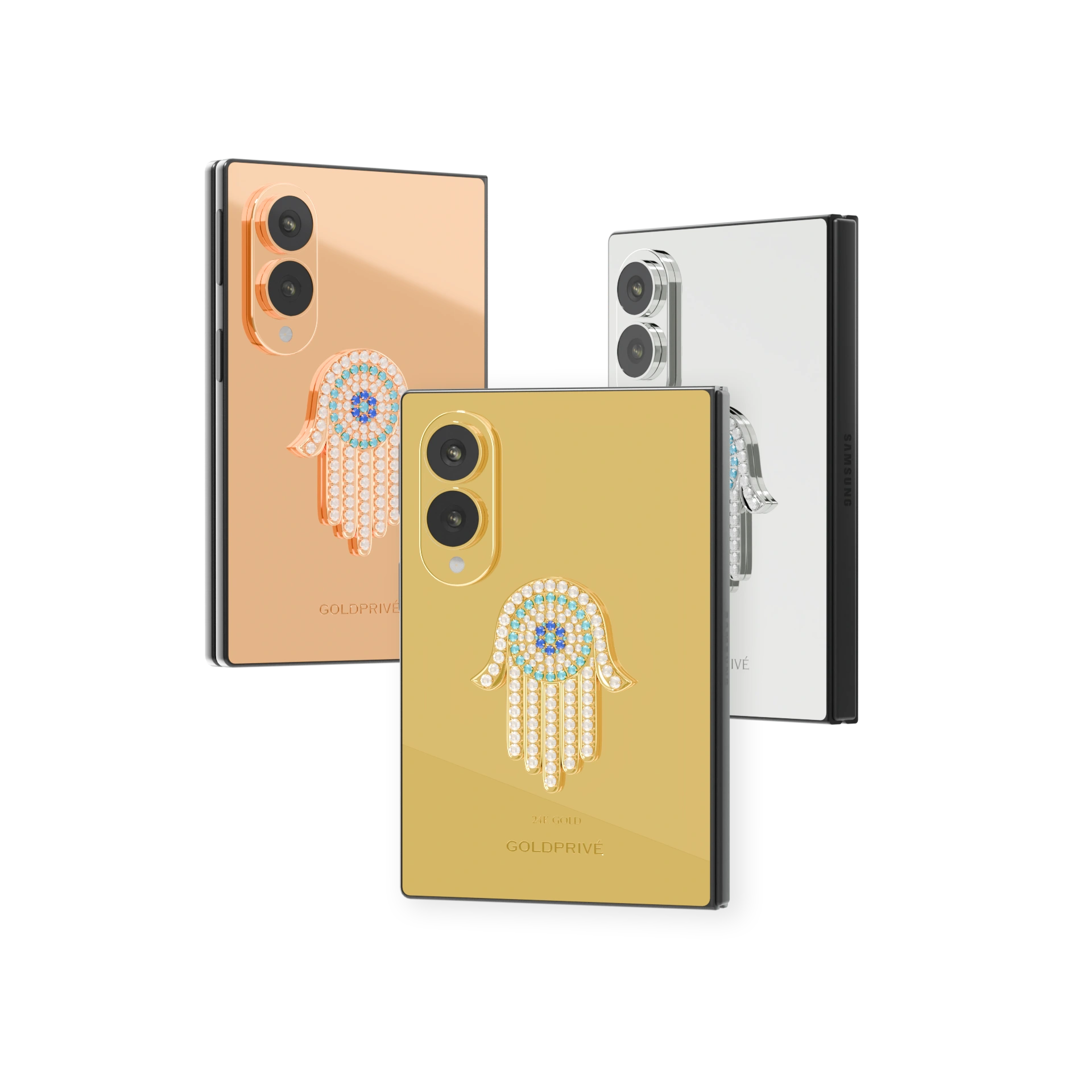 Hamsa Eye Amulet Galaxy Z Fold8 in 24K Gold, Rose Gold and Platinum, each with a white-stone hamsa holding a turquoise and blue eye