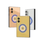 LuxEvil Charm Galaxy Z Fold8 in 24K Gold, Rose Gold and Platinum, each back carrying a round nazar of blue, white and golden stones below the camera island