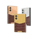 Exotic Royale Gold Galaxy Z Fold8 in Rose Gold, 24K Gold and Platinum, scrollwork above brown crocodile leather