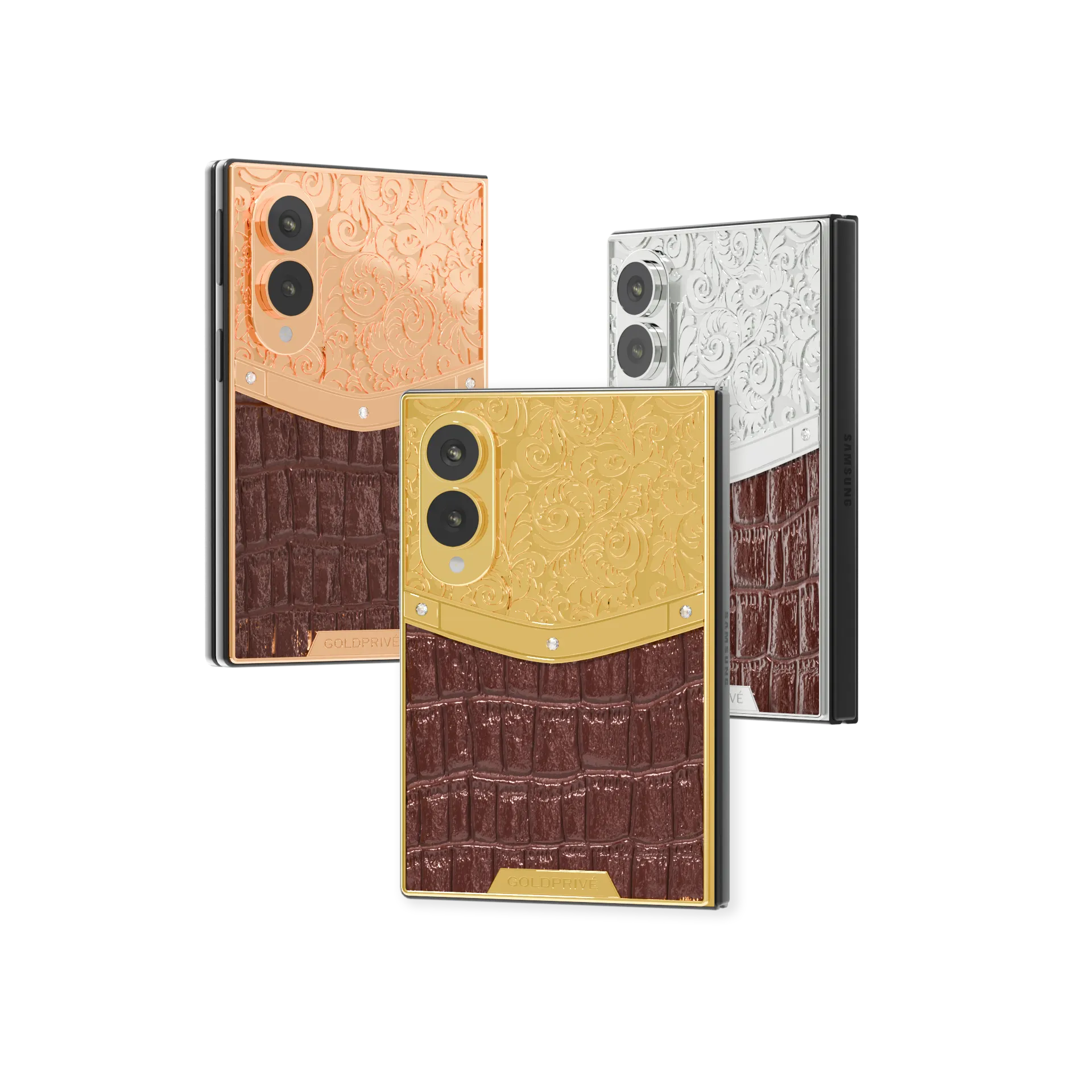 Exotic Royale Gold Galaxy Z Fold8 in Rose Gold, 24K Gold and Platinum, scrollwork above brown crocodile leather