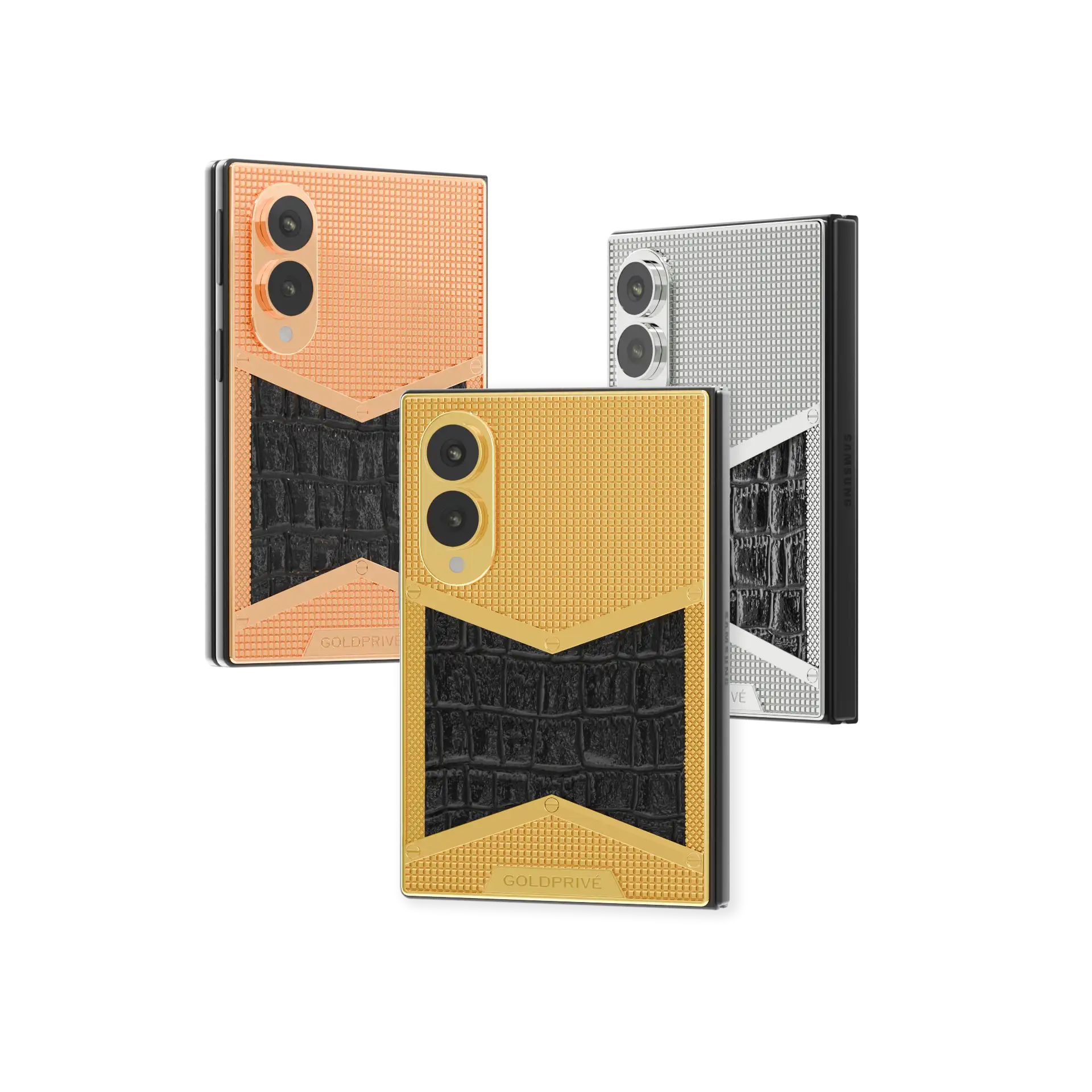 WildGrace Gold Galaxy Z Fold8 in Rose Gold, 24K Gold and Platinum, black crocodile leather between textured chevrons