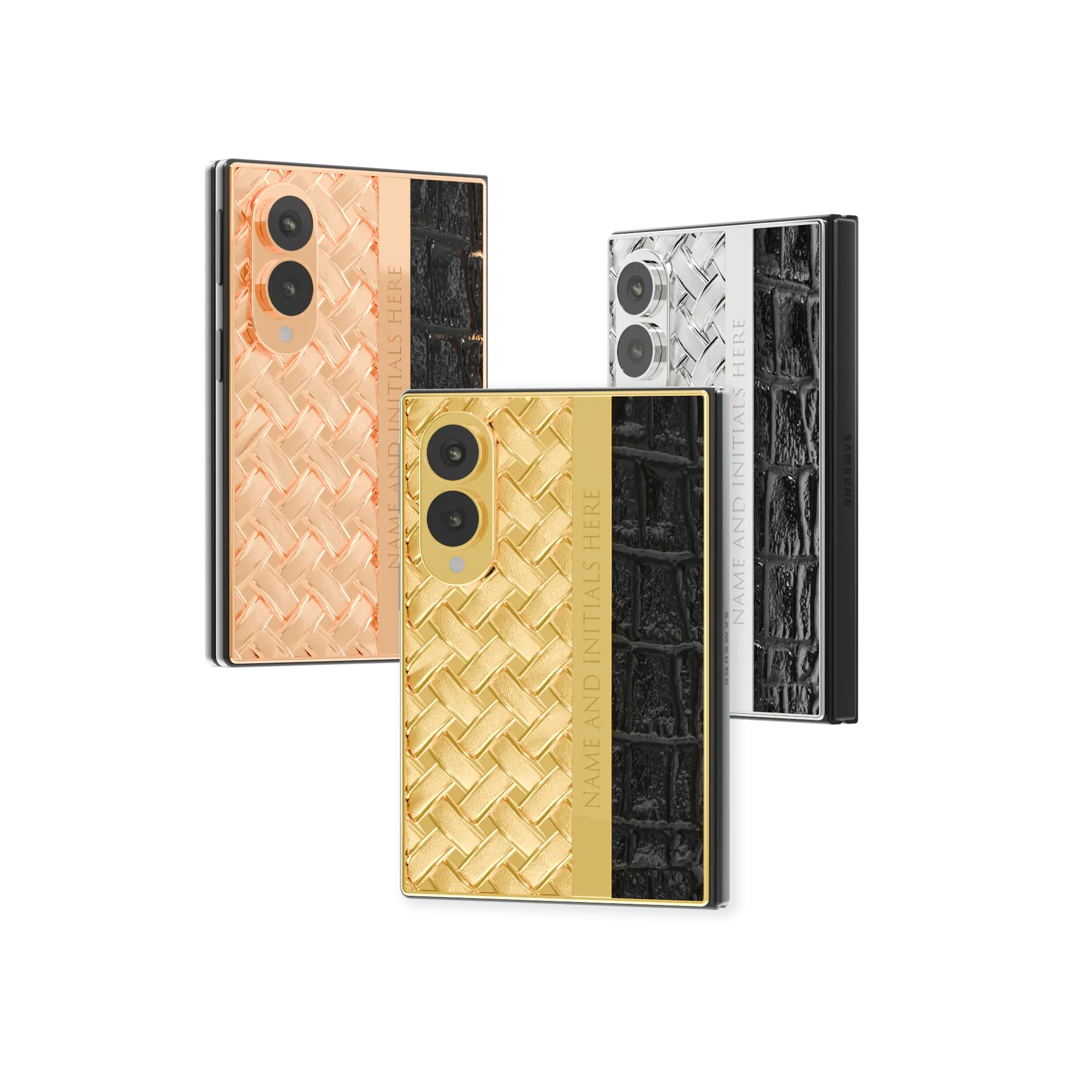 Knots & Leather Gold Galaxy Z Fold8 in Rose Gold, 24K Gold and Platinum, each with a woven back, engravable bar and black crocodile column