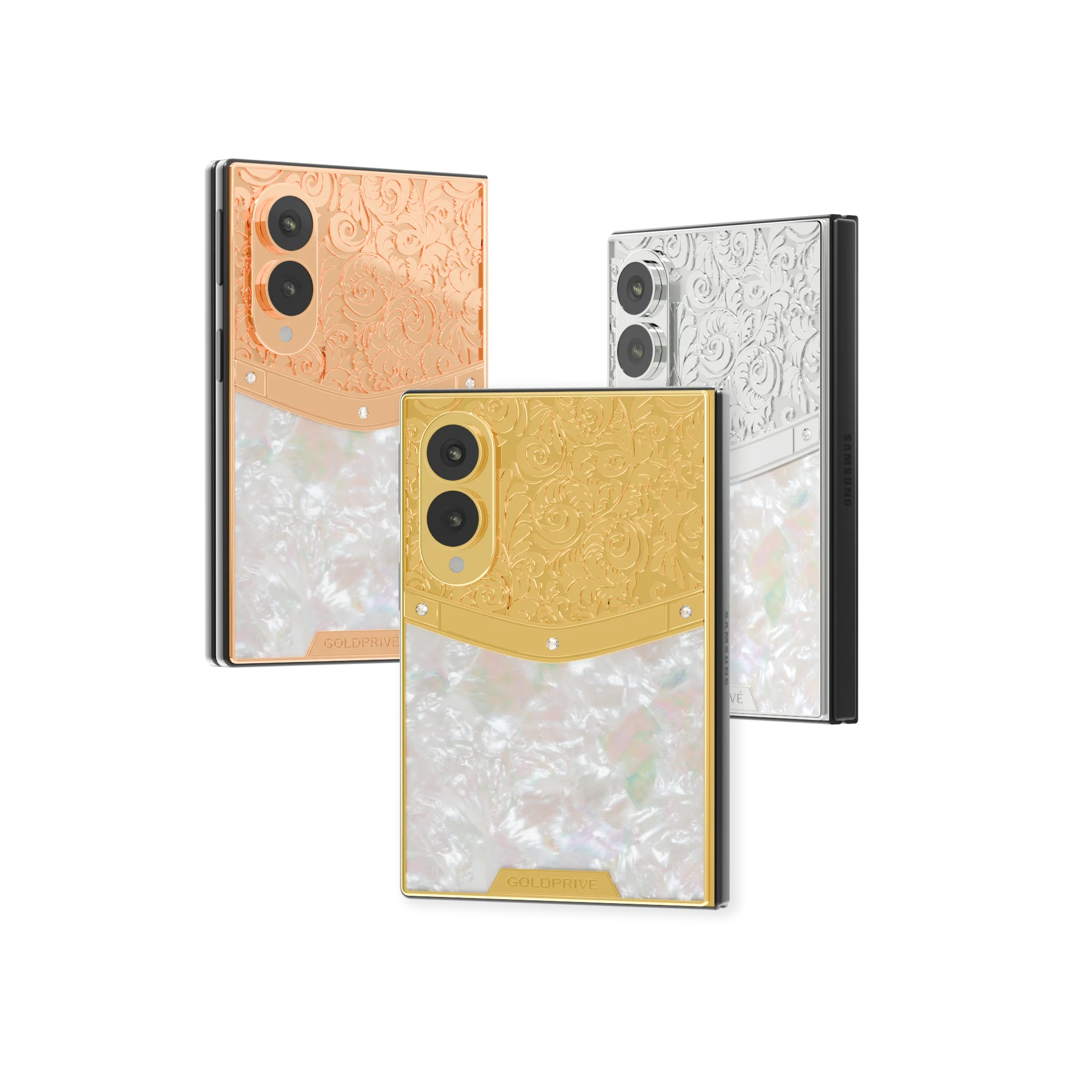 Royale Pearl Gold Galaxy Z Fold8 in Rose Gold, 24K Gold and Platinum with rose engraving over a mother of pearl back