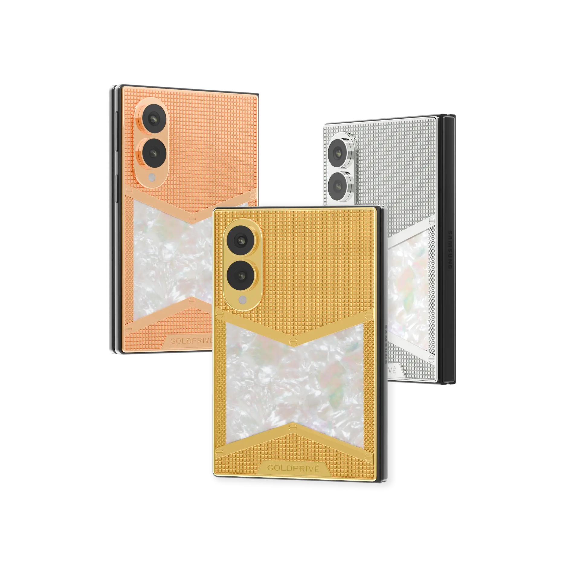 Majesty Victory Gold Galaxy Z Fold8 in Rose Gold, 24K Gold and Platinum, pyramid-textured fields framing a mother of pearl band
