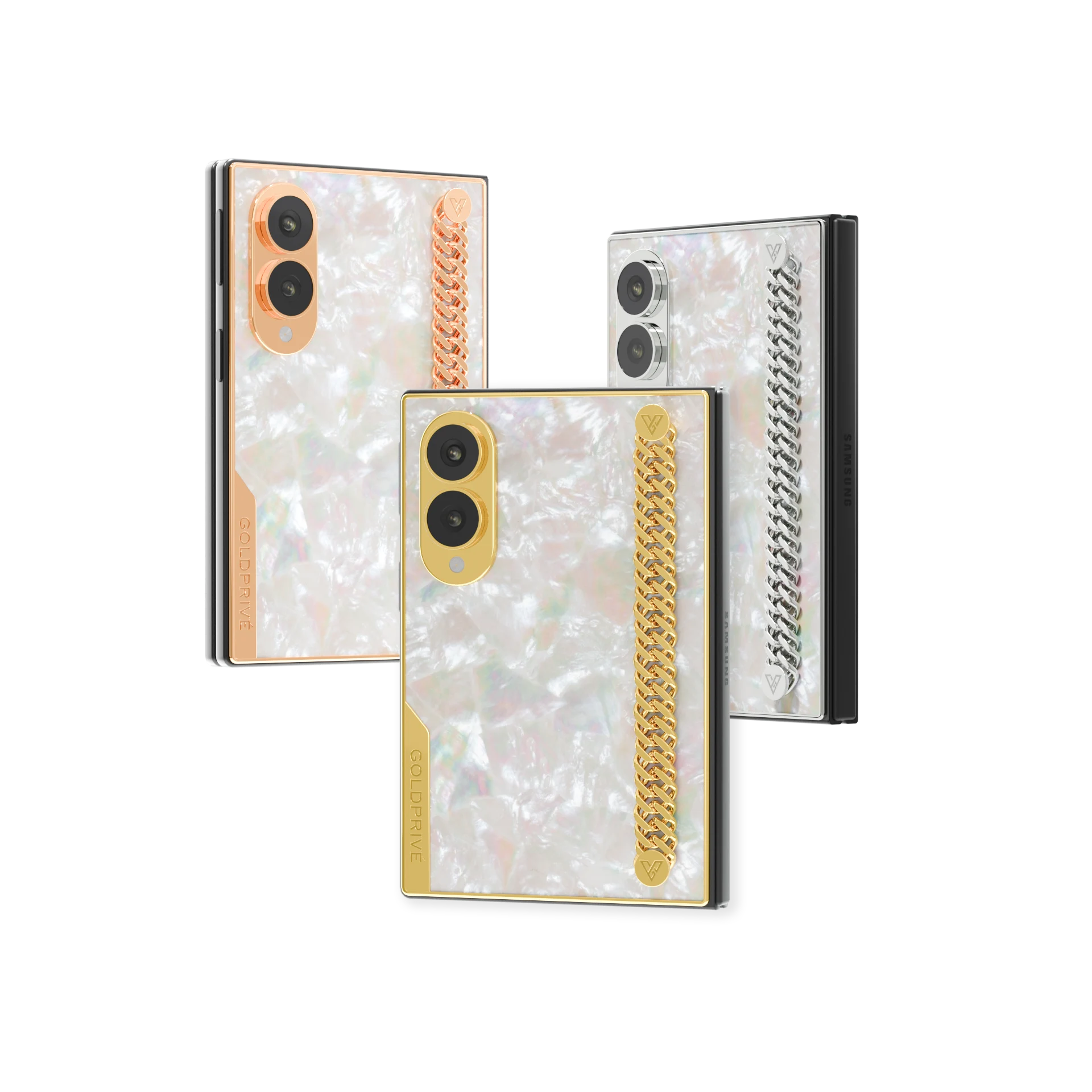 Majesty Link Gold Galaxy Z Fold8 in Rose Gold, 24K Gold and Platinum: a mother of pearl back with a curb chain on the right