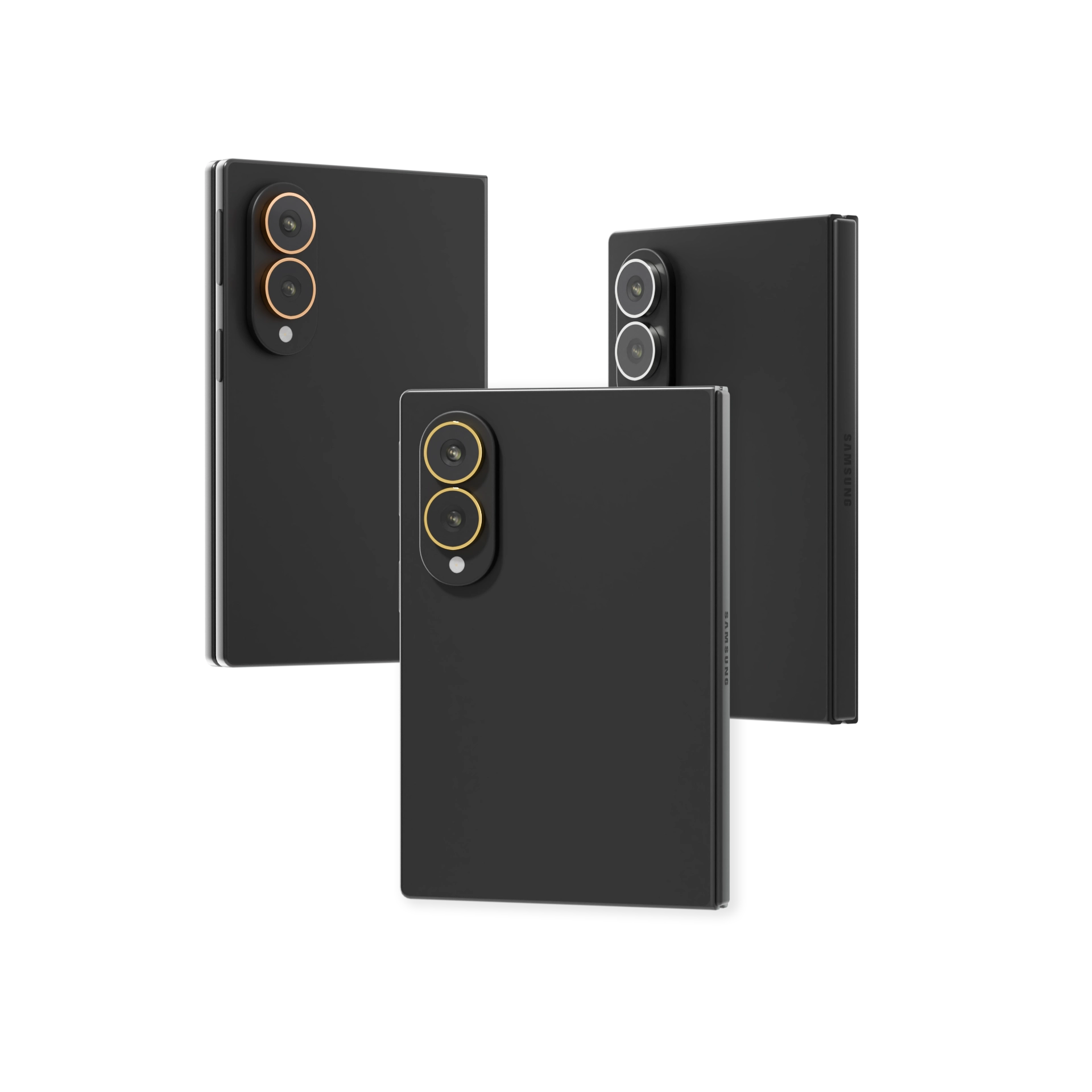 Graphite Galaxy Z Fold8 Gold Accents backs with lens rings in Rose Gold, 24K Gold and Platinum
