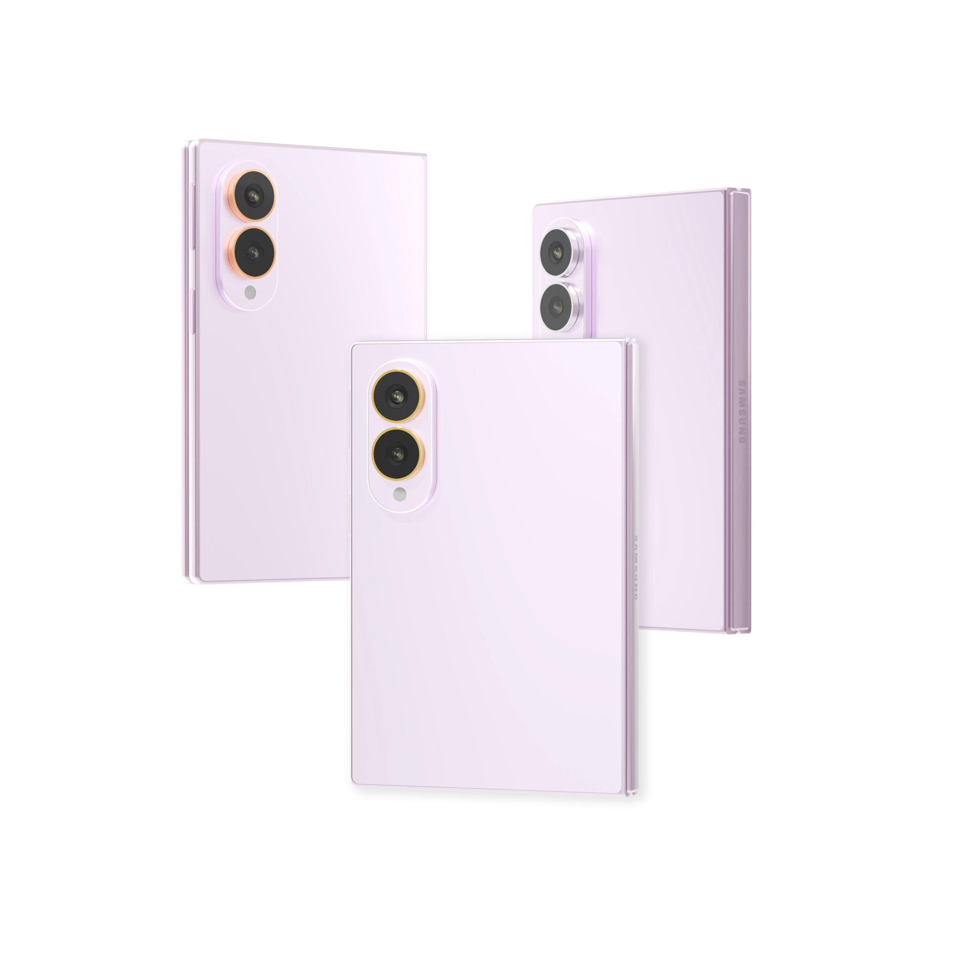 Lavender Galaxy Z Fold8 Gold Accents in three versions, the lilac backs showing lens rings of 24K Gold, Rose Gold and Platinum