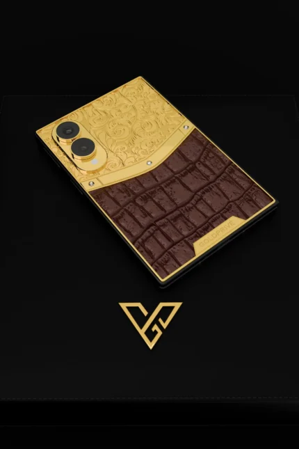 Exotic Royale Gold Galaxy Z Fold8 close-up of 24K Gold scrollwork, studded band and brown crocodile scales