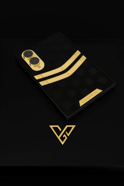 Nucleus 2.0 Gold Galaxy Z Fold8 detail of two 24K Gold chevrons and the matt hexagon relief