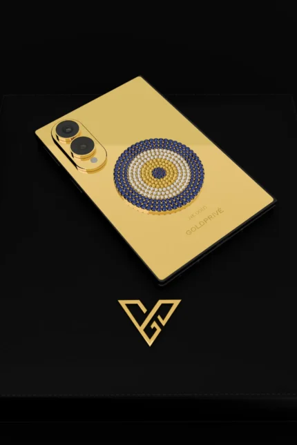 LuxEvil Charm Galaxy Z Fold8 close-up of the blue, white and golden simulated diamond rings and the plated camera surround on 24K Gold