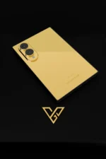 Gold Plated Galaxy Z Fold8 Elite in 24K Gold lying on a black leather presentation box