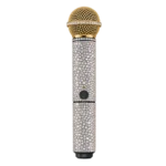Gold Shure wireless microphone with a gold head and a crystal-covered handle