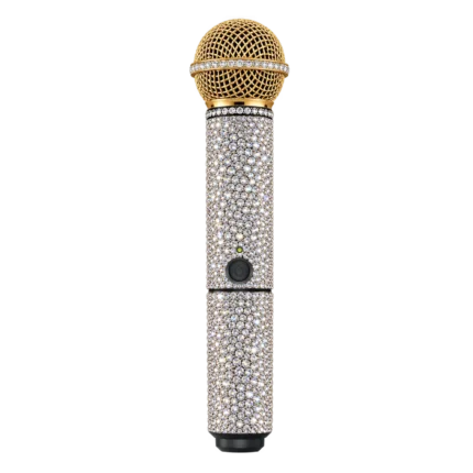Gold Shure wireless microphone with a gold head and a crystal-covered handle