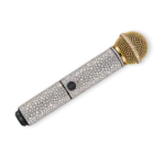 Gold Shure wireless microphone with a gold head and a crystal-set handle