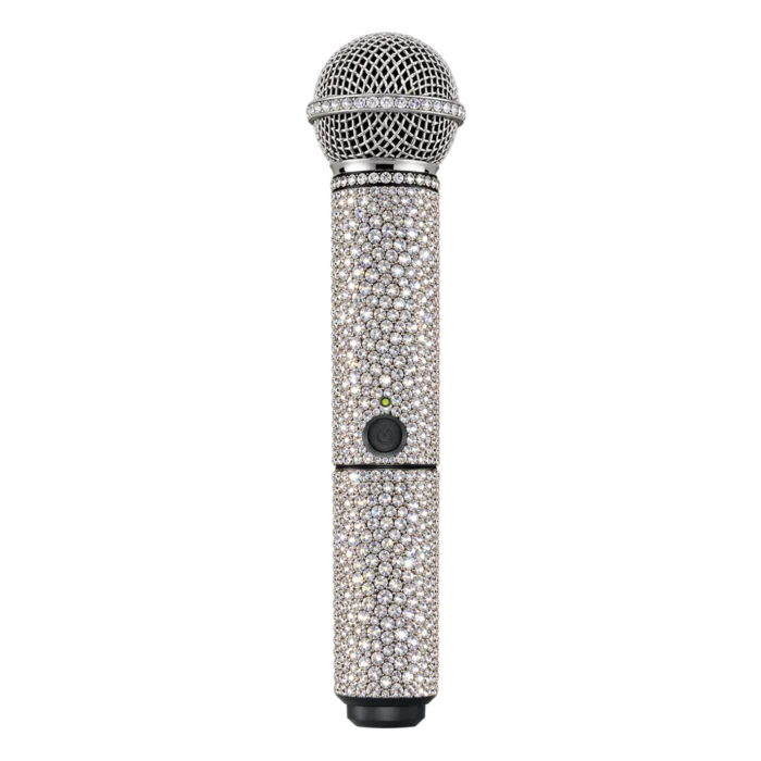 Platinum-finish Shure wireless microphone covered in crystals
