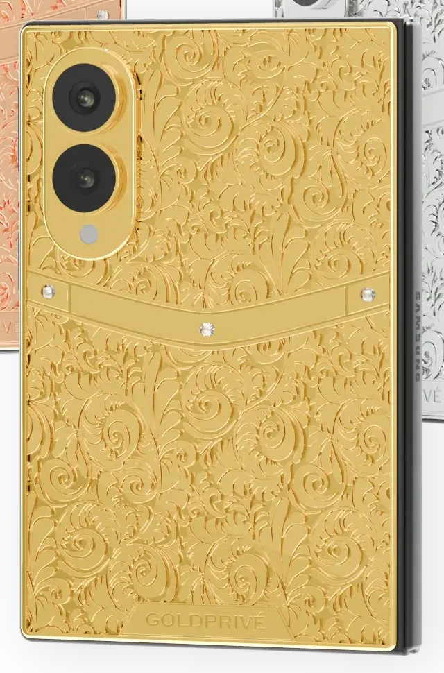 Detail of the raised roses and polished band on the Flora Gold Galaxy Z Fold8