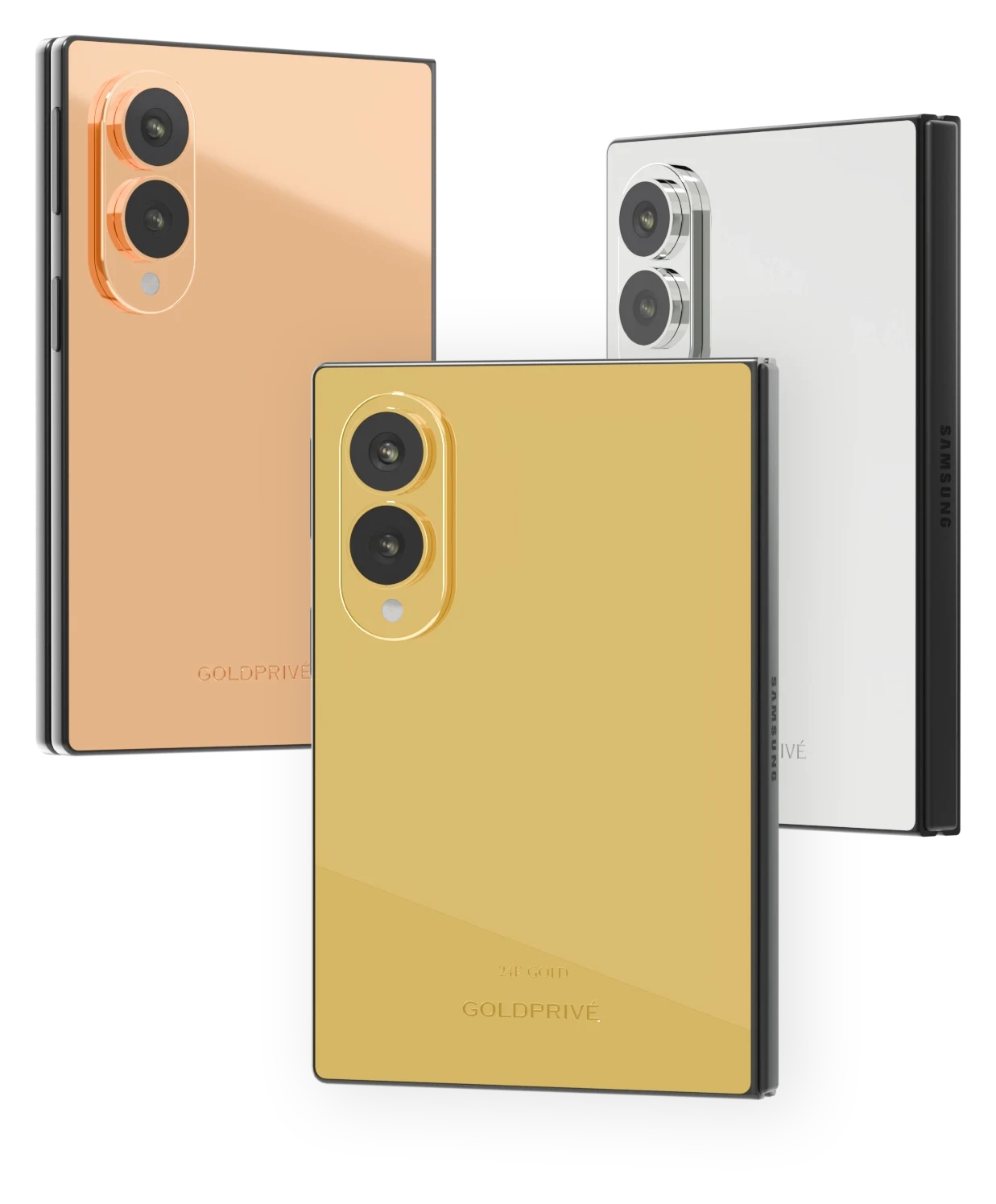 24K Gold Samsung Galaxy Z Fold8 by GoldPrivé, shown from the back in 24K Gold, Rose Gold and Platinum
