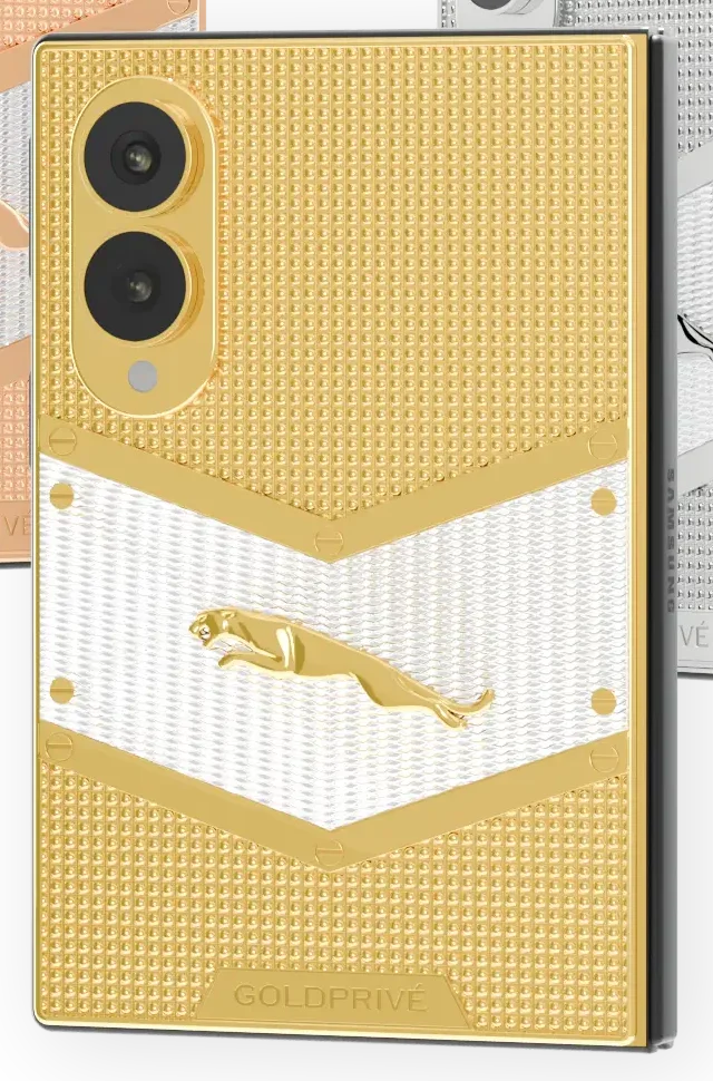 Imperial Gold Galaxy Z Fold8 jaguar emblem and lined chevron seen up close