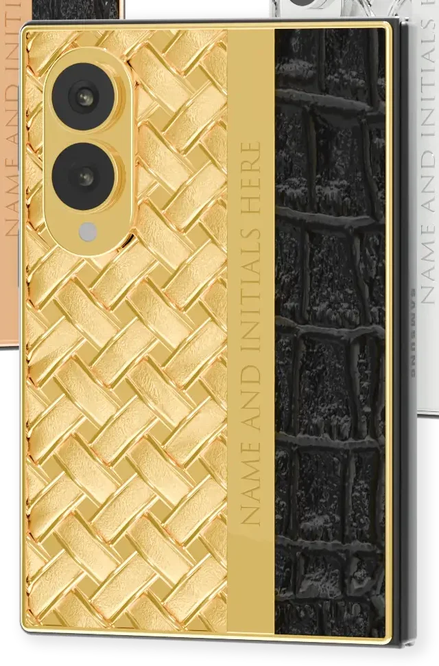 Knots & Leather Gold Galaxy Z Fold8 close-up in 24K Gold showing the interlaced weave, the polished name bar and the crocodile grain