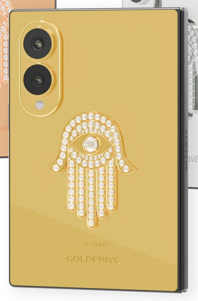 Seraphic Hamsa Galaxy Z Fold8 close-up of the white simulated diamond hamsa and its larger palm stone on a 24K Gold back